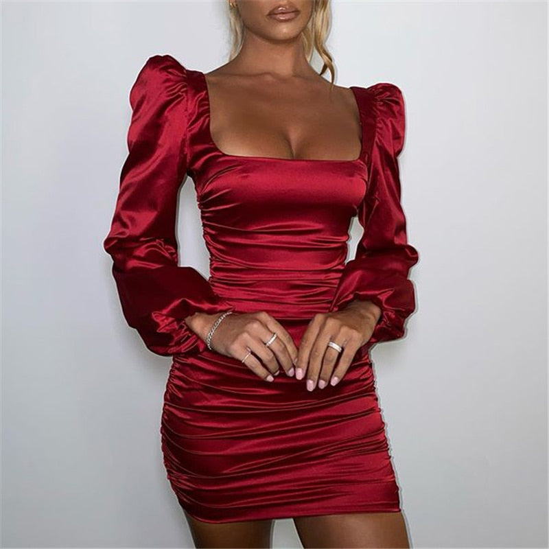 New Satin Puff-Sleeve Dress For Women Solid Square Collar Sexy Dresses