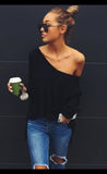 Autumn winter Sexy v neck long sleeve pullover Sexy off shoulder split knitted sweater - Tania's Online Closet, LLC