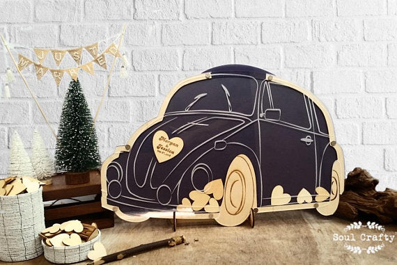 Beetle Wedding Guest Book-Drop Top Wooden Hearts Personalized Vintage