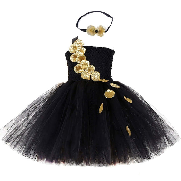 Black Gold Flower Petals Tutu Dress Tulle Girls Evening Pageant Dress - Tania's Online Closet, LLC