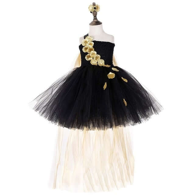 green emerald velvet dress Black Gold Flower Petals Tutu Dress Tulle Girls Evening Pageant Dress