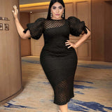 Black Plus Size Dresses- Women Hollow Out Short Lantern Sleeve See Through Bodycon - Tania's Online Closet, LLC
