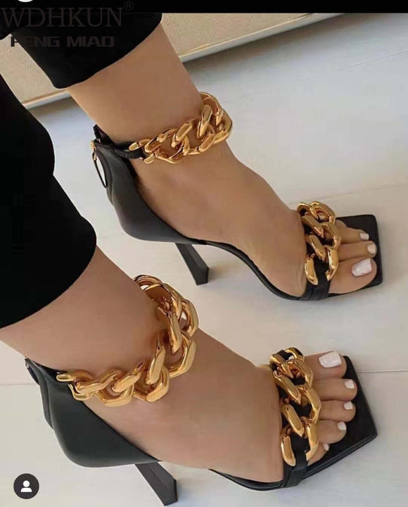 Black Square Toe Sandals Women Unique Thin High Heels -Open Toes Metal Chains - Tania's Online Closet, LLC