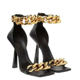 Black Square Toe Sandals Women Unique Thin High Heels -Open Toes Metal Chains - Tania's Online Closet, LLC