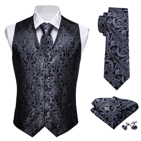 Designer Mens Classic Black Paisley Jacquard Silk Waistcoat Vests Handkerchief Tie Vest Suit Pocket Square Set - Tania's Online Closet, LLC