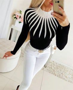 Elegant Women Sweaters Color Matching Patchwork Design High Collar Long Sleeve - Slim Pullovers - Tania's Online Closet, LLC