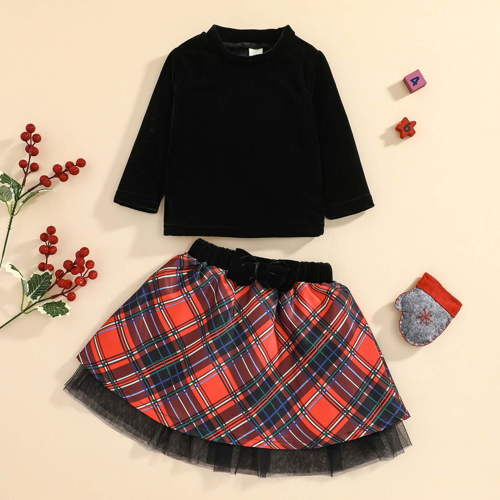Baby Girls Lovely Clothes Sets 2pcs Velvet Long Sleeve Tops+Plaid