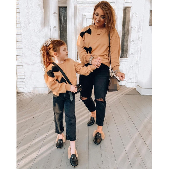 Family Matching Parent-child Outfit Bow Long Sleeve Round Collar Casual Tops - Tania's Online Closet, LLC