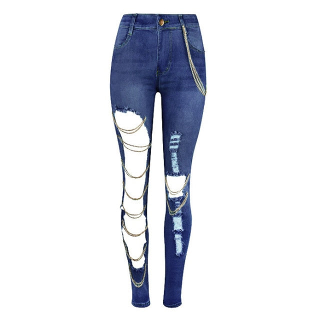 Fashion Ripped Chain Stitching Big Hole Denim Jeans Women