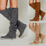 Fashion comfortable Flat Flock Round Toe Lace-Up Knee Boots - Tania's Online Closet, LLC