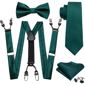 Green Solid Pre-Bow Tie Silk Ties For Men Suspenders Handkerchief Cufflink Set Barry.Wang Designer - Tania's Online Closet, LLC