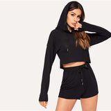 Black Drop Shoulder Drawstring hoodie Top With Shorts Two Piece Set - Tania's Online Closet, LLC