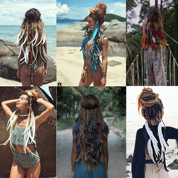 Feather Hair Band Bohemian Elastic Gypsy Festival Headband Women's Fashion - Tania's Online Closet, LLC