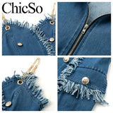 Chain denim mini blue dress Women tassel jean dress - Tania's Online Closet, LLC