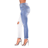New High Waist Two tone Jeans Ripped Knee Hole Stretchy Denim Jeans - Tania's Online Closet, LLC