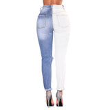 New High Waist Two tone Jeans Ripped Knee Hole Stretchy Denim Jeans - Tania's Online Closet, LLC