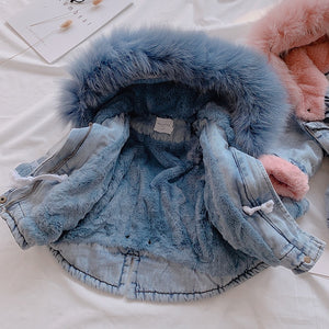 Winter Denim Jacket Plus Velvet Real Fur Warm Toddler Girl Outerwear Coat - Tania's Online Closet, LLC
