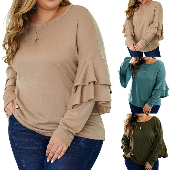 Plus Size Long Sleeve Shirt Women Casual O-Neck Tshirt Top Lady Elegant - Tania's Online Closet, LLC