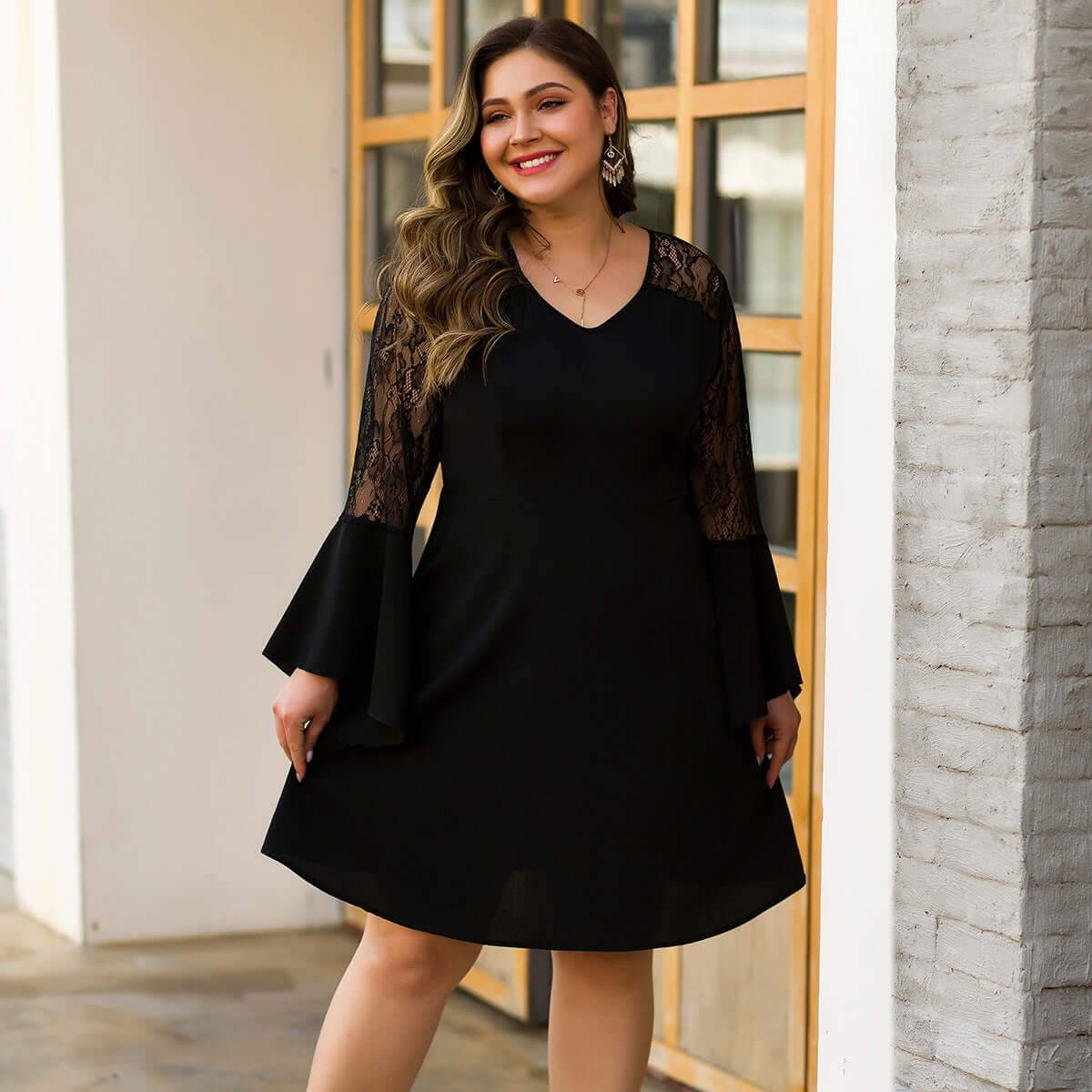 black cocktail dresses plus size A-Line Full Sleeve Ruffles V-Neck See-Through Above Knee Lace Color:Black/Fuchsia SHEIN LUNE Women's Spring/Summer DROP_MAY26-RESTOCK sold separately.Available in sizes