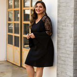 Black Cocktail Dresses A-Line Full Sleeve Ruffles V-Neck See-Through Above Knee Lace Plus size dress - Tania's Online Closet, LLC