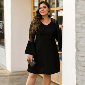 Black Cocktail Dresses A-Line Full Sleeve Ruffles V-Neck See-Through Above Knee Lace Plus size dress - Tania's Online Closet, LLC