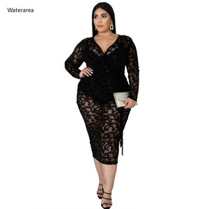 Plus Size Women Lace Midi Off Shoulder V-neck Dresses Bodycon - Tania's Online Closet, LLC