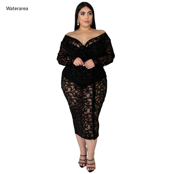 Plus Size Women Lace Midi Off Shoulder V-neck Dresses Bodycon - Tania's Online Closet, LLC