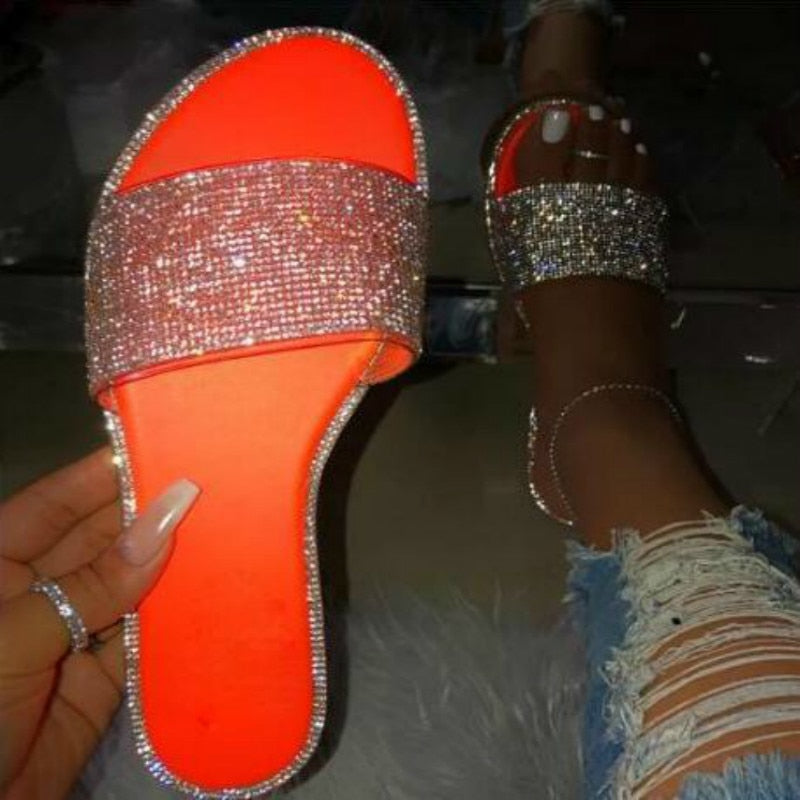 Rhinestone Candy-colored Slides - Diamond Flat Bottom Outdoor Sandals ...