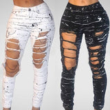 Ripped Jeans for Women Mid-waist Hole Chain Jeans Paint Destroyed Stretch Jeans - Tania's Online Closet, LLC