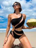 Sexy One shoulder Mesh Patchwork One-pieces Swimwear