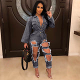 Open-chest Style Fashion Loose Long-sleeved Denim Jumpsuit - Tania's Online Closet, LLC