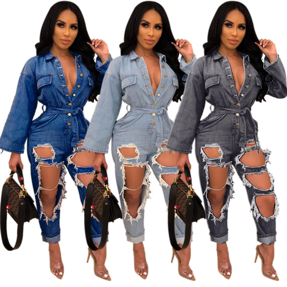 Open-chest Style Fashion Loose Long-sleeved Denim Jumpsuit - Tania's Online Closet, LLC