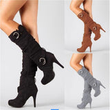 Sexy Thin High Heels Boots Women Buckle Zipper Pleated Mid Calf Boots - Tania's Online Closet, LLC