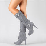 Sexy Thin High Heels Boots Women Buckle Zipper Pleated Mid Calf Boots - Tania's Online Closet, LLC