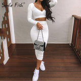 Sexy Two Piece Sets V-Neck Long Sleeve Crop Top Knitted Long Skirt-Bodycon