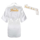 3pc set of glitter gold bride satin short bride robe slippers bridal sash  Bridal Party 2019 - Tania's Online Closet, LLC