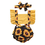 Girls Summer Clothes Sunflower Romper Ruffle Jumpsuit- Headband Outfits 0-24M - Tania's Online Closet, LLC