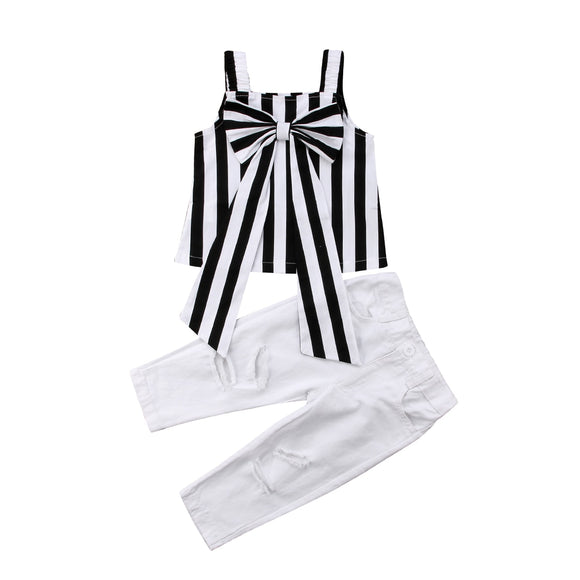 Toddler Child Kids Cotton Top Shirt Big Bow Stripe Pants Summer Clothes 2PCS Set Girl 2-7T - Tania's Online Closet, LLC