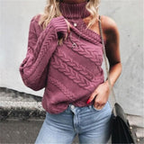 Long Sleeve Knitted One Shoulder Sweater solid Turtle Neck pullover - Tania's Online Closet, LLC