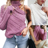 Long Sleeve Knitted One Shoulder Sweater solid Turtle Neck pullover - Tania's Online Closet, LLC