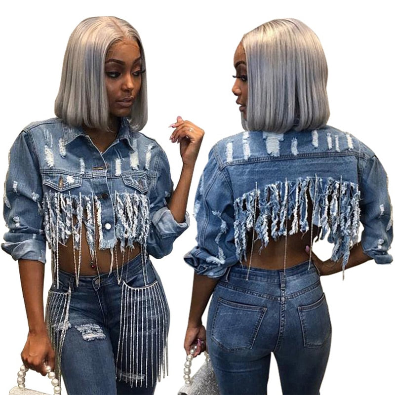 Tassel Ripped Cropped Jean Jacket -Chain Long Sleeve Denim Jacket ...