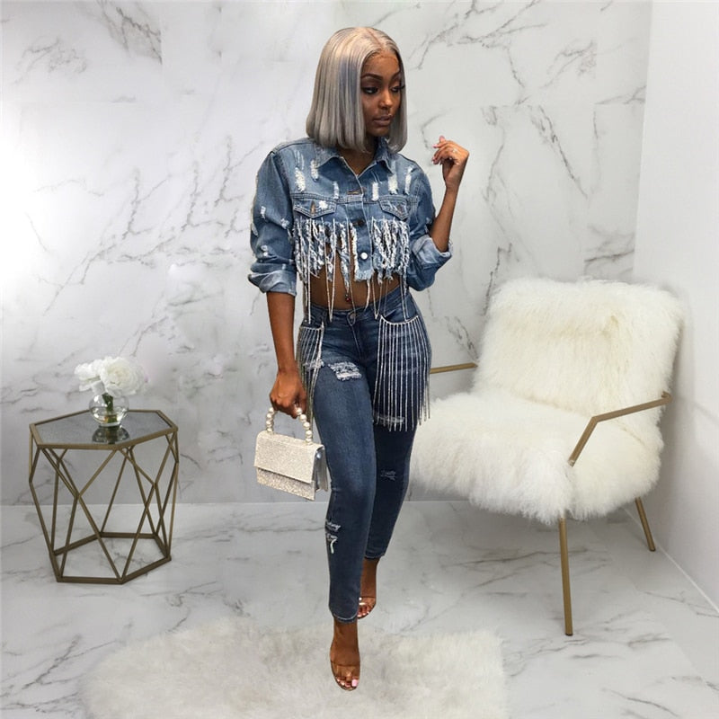 Tassel Ripped Cropped Jean Jacket -Chain Long Sleeve Denim Jacket ...