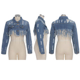 Tassel Ripped Cropped Jean Jacket -Chain Long Sleeve Denim Jacket Street wear Short Denim Coat - Tania's Online Closet, LLC