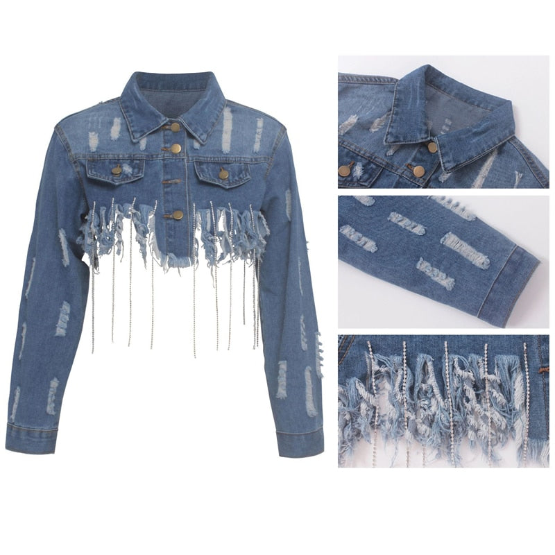 Tassel Ripped Cropped Jean Jacket -Chain Long Sleeve Denim Jacket ...