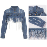 Tassel Ripped Cropped Jean Jacket -Chain Long Sleeve Denim Jacket Street wear Short Denim Coat - Tania's Online Closet, LLC