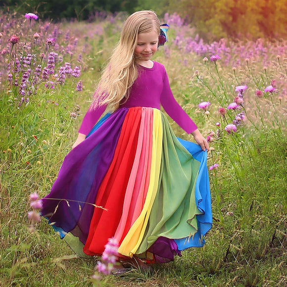 New Arrival Girls Fashion Rainbow Dress Mesh O-neck Children Clothes - Tania's Online Closet, LLC