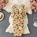 Vintage Women Pleated Long Dress Flower Printed Square Collar High Waist Elegant dress - Tania's Online Closet, LLC