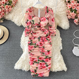 Vintage Women Pleated Long Dress Flower Printed Square Collar High Waist Elegant dress - Tania's Online Closet, LLC