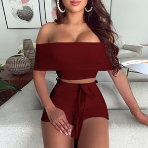 Solid Color Two-Piece Women Sets Sexy Off-Shoulder Waistband Slim Shorts Sets - Tania's Online Closet, LLC