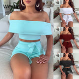 Solid Color Two-Piece Women Sets Sexy Off-Shoulder Waistband Slim Shorts Sets - Tania's Online Closet, LLC